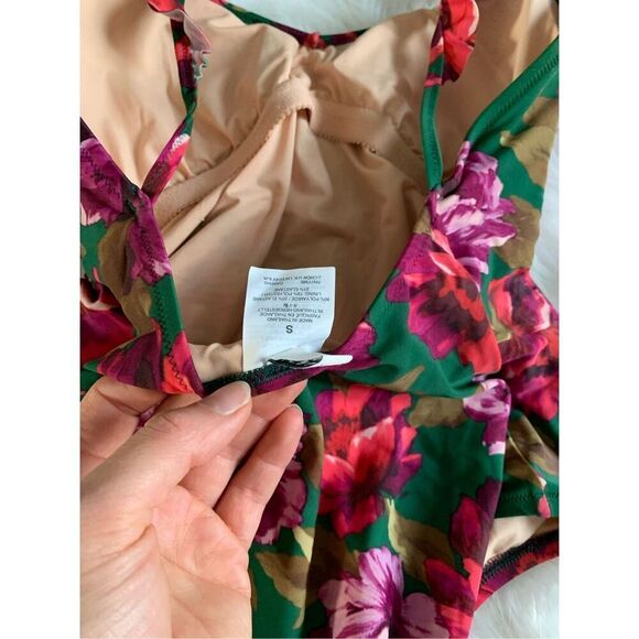 J Crew Emerald Green Bold Floral Ruffled Shoulder Swimsuit Size S - Picture 6 of 8